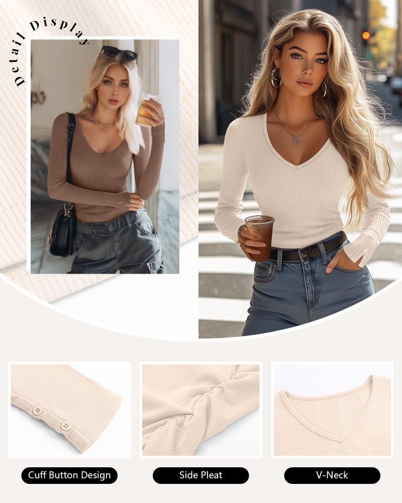 Xaatren 3 Pack Women's Long Sleeve Tops V Neck Ribbed Knit Slim Fit Shirts Fall Basic Casual Stretch Layering Tee(Cream, Mocha, Black,Medium) - Image 4