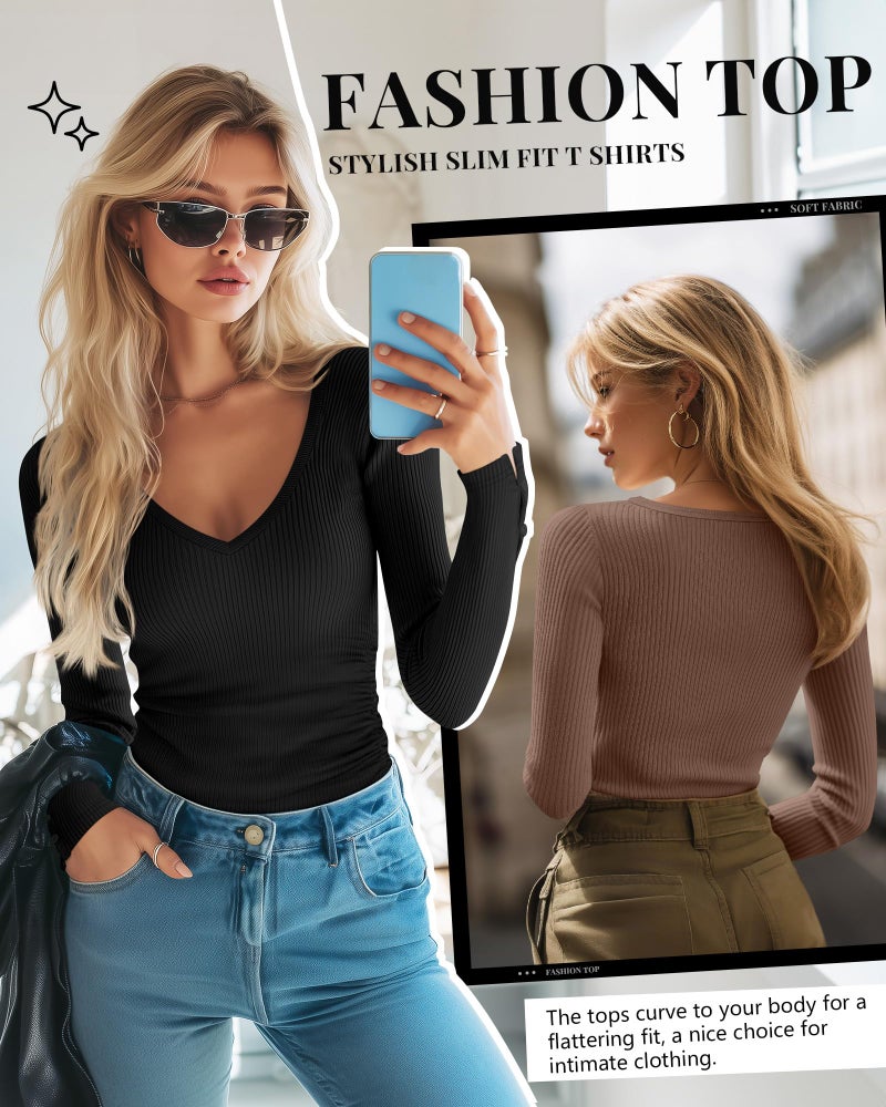 Xaatren 3 Pack Women's Long Sleeve Tops V Neck Ribbed Knit Slim Fit Shirts Fall Basic Casual Stretch Layering Tee(Cream, Mocha, Black,Medium) - Image 2