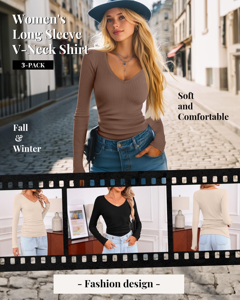 Xaatren 3 Pack Women's Long Sleeve Tops V Neck Ribbed Knit Slim Fit Shirts Fall Basic Casual Stretch Layering Tee(Cream, Mocha, Black,Medium) - Image 5