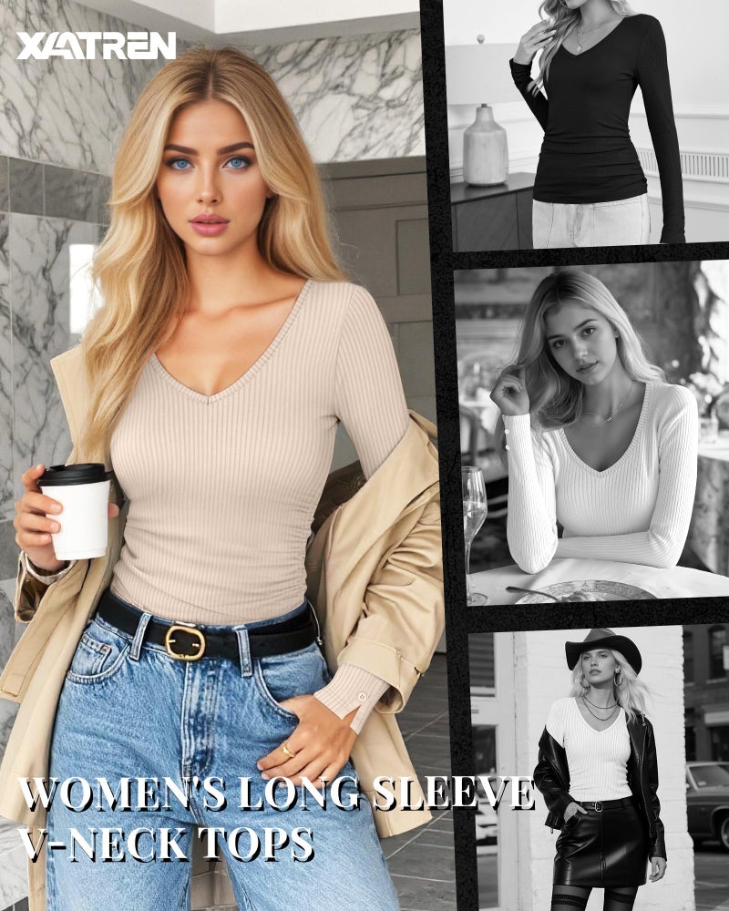 Xaatren 3 Pack Women's Long Sleeve Tops V Neck Ribbed Knit Slim Fit Shirts Fall Basic Casual Stretch Layering Tee(Cream, Mocha, Black,Medium) - Image 3