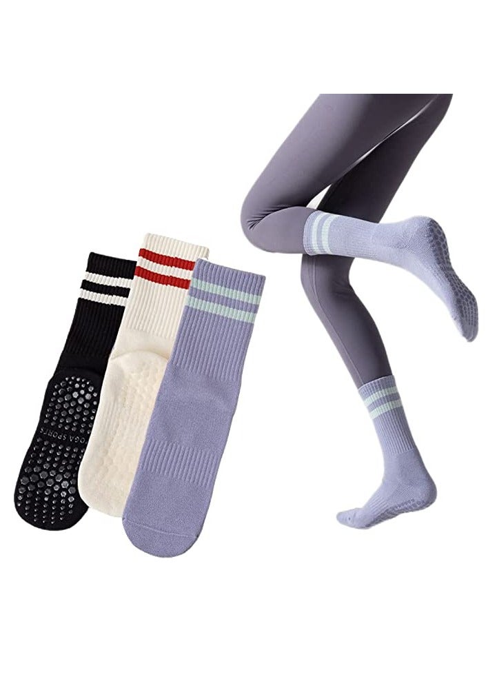 اسم المحتوى ناريلا Non Slip Socks Women Fashion All Season Socks Sports Casual Simple Striped Colors for Pilates Yoga Barre Ballet Dance Fitness Football Hospital  Mid-Tube Socks Free Size 3-Pair - Image 1