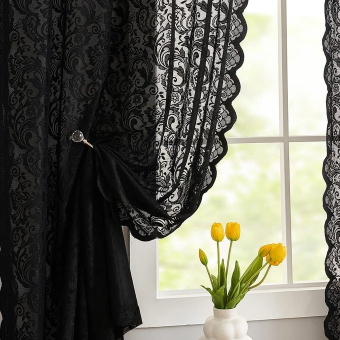 BLACK LACE CURTAINS 63 INCH LENGTH VICTORIAN VINTAGE FLORAL SHEER CURTAIN PANELS FOR HALLOWEEN LUXURY GOTHIC CURTAINS FOR BEDROOM WITCHYGOTHMOODY ROOM DECOR 52 X 63 INCH BLACK
