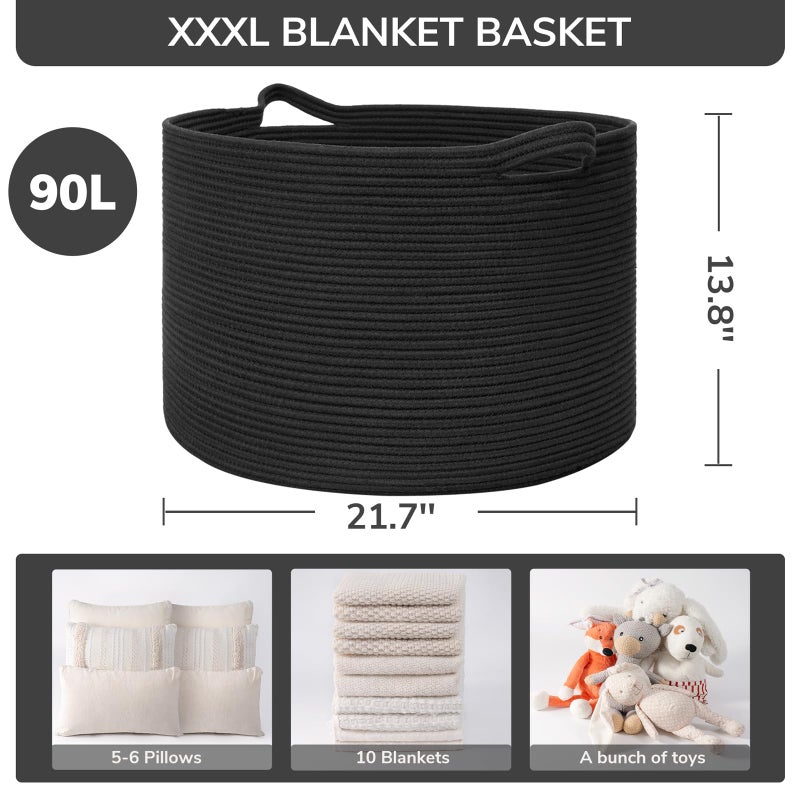INDRESSME XXXLarge Blanket Basket 21.7" x 21.7" x 13.8" Woven Storage Baskets Soft Cotton Rope Toy Baskets Storage Kids Decorative Laundry for Home, Perfect for Living Room, Black - Image 3