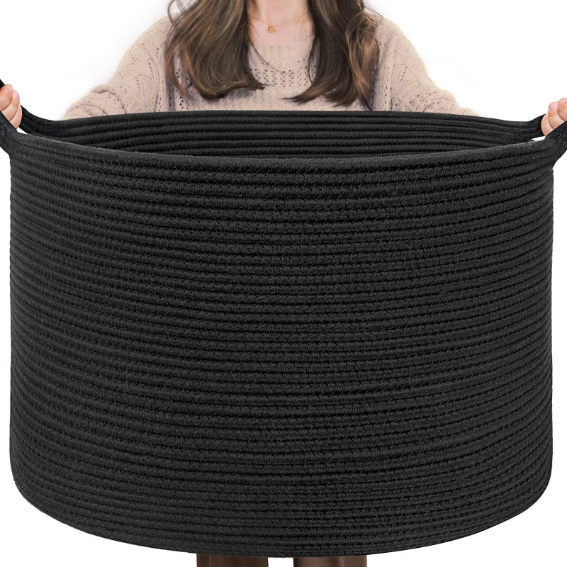 INDRESSME XXXLarge Blanket Basket 21.7" x 21.7" x 13.8" Woven Storage Baskets Soft Cotton Rope Toy Baskets Storage Kids Decorative Laundry for Home, Perfect for Living Room, Black - Image 1