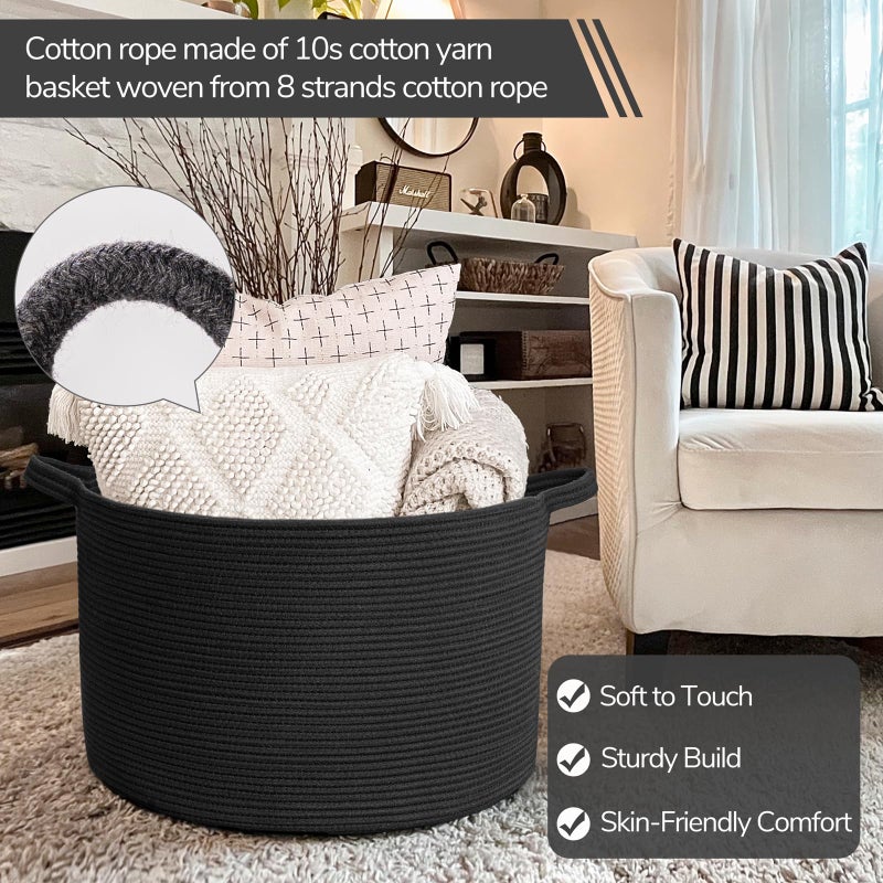 INDRESSME XXXLarge Blanket Basket 21.7" x 21.7" x 13.8" Woven Storage Baskets Soft Cotton Rope Toy Baskets Storage Kids Decorative Laundry for Home, Perfect for Living Room, Black - Image 2