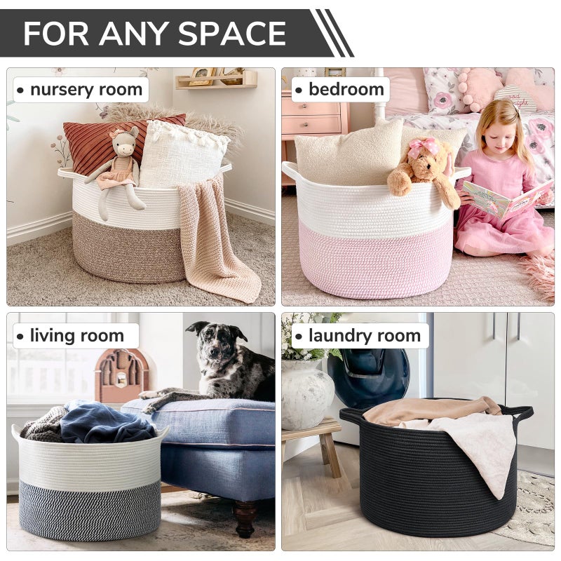 INDRESSME XXXLarge Blanket Basket 21.7" x 21.7" x 13.8" Woven Storage Baskets Soft Cotton Rope Toy Baskets Storage Kids Decorative Laundry for Home, Perfect for Living Room, Black - Image 5