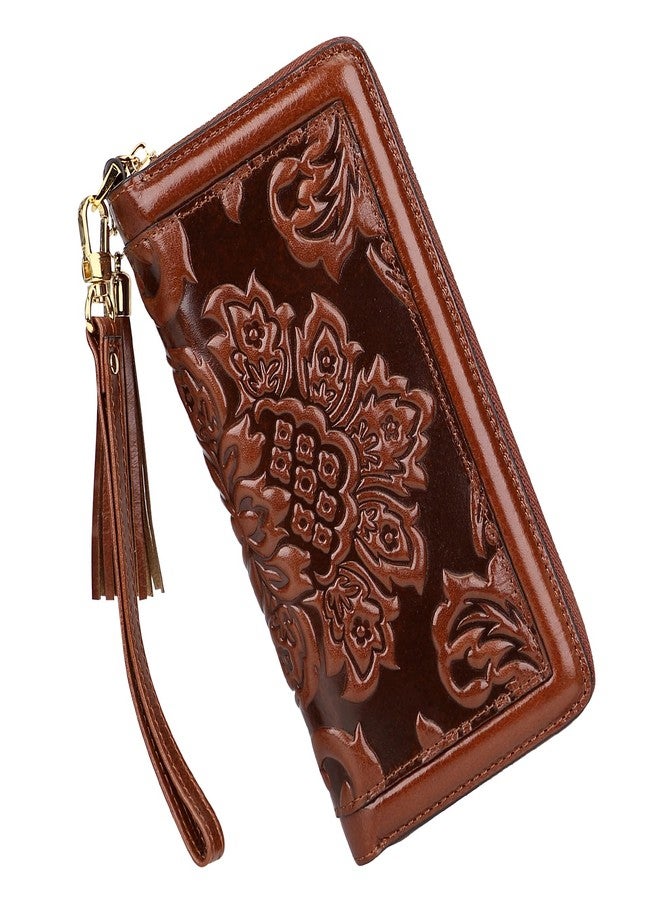 PIJUSHI Leather Wallets For Women Floral Wristlet Wallet Card Holder Purse (91853 Brown) - Image 1