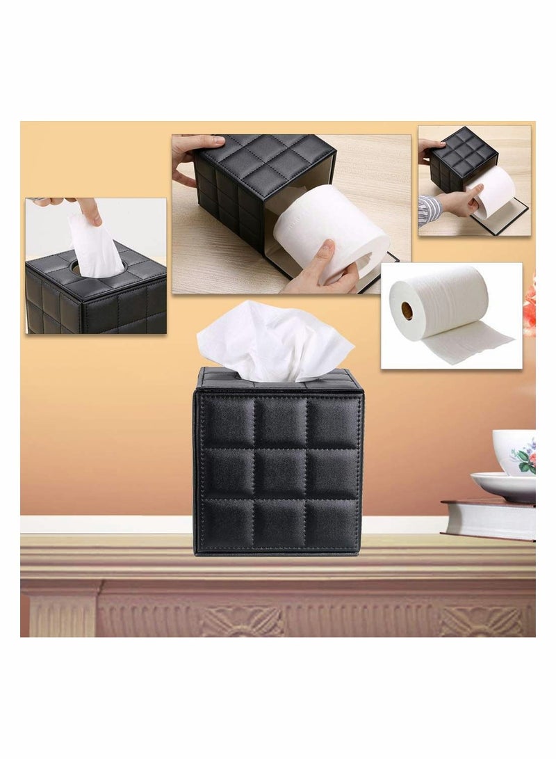 SYOSI Stylish PU Leather Tissue Box Holder, Square Napkin Holder Pumping Paper Case Dispenser, Facial Tissue Holder with Magnetic Bottom for Home Office Car Automotive Decoration, Grid Black  - Image 4