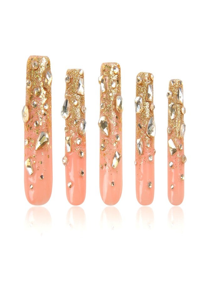 LOVFUL Gold Bling Press On Nails, Stunning Drill Glue On Nails, Luxury Fake Nails, Princess Nails | Handmade Nails l Fake Stick on nails | Square Long 2.2 in | H84(L) - Image 1