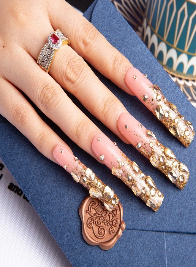 LOVFUL Gold Bling Press On Nails, Stunning Drill Glue On Nails, Luxury Fake Nails, Princess Nails | Handmade Nails l Fake Stick on nails | Square Long 2.2 in | H84(L) - Image 2