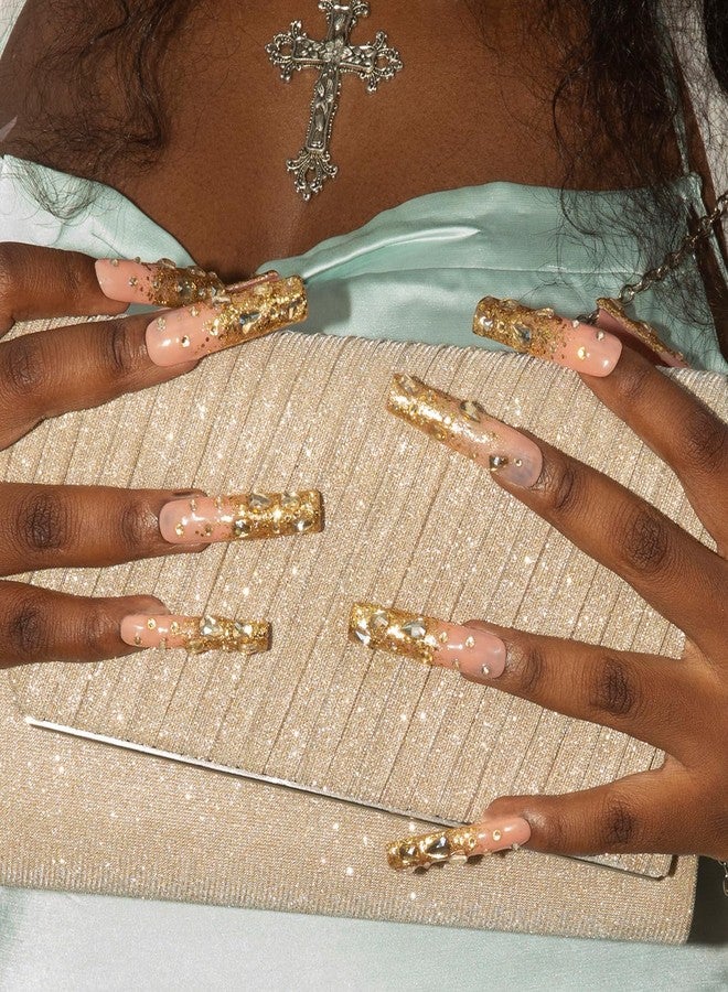 LOVFUL Gold Bling Press On Nails, Stunning Drill Glue On Nails, Luxury Fake Nails, Princess Nails | Handmade Nails l Fake Stick on nails | Square Long 2.2 in | H84(L) - Image 3