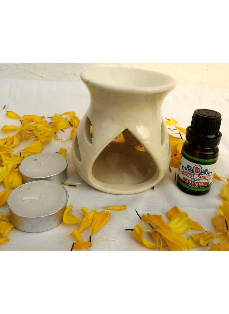 BHARAT SOURCE BHARAT SOURCE Ceramic Aroma Burner Gift Set 10 ML Jasmine Aroma Essential Oil with 4 Tea Light Candles White for Fragrance  - Image 1