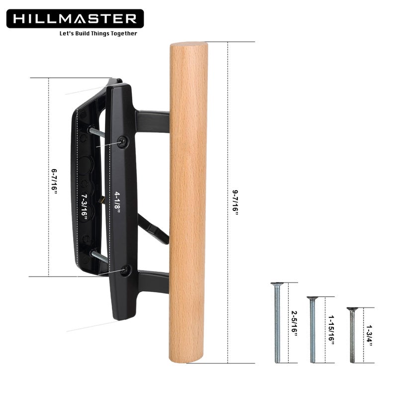 Hillmaster Patio Sliding Door Handles Replacement Set,Mortise Style Reversible Design Non-Keyed Sliding Patio Glass Door Handles With Wood Handle, Black Diecast Finish Fit 3-15/16    Screws Hole Spacing - Image 2