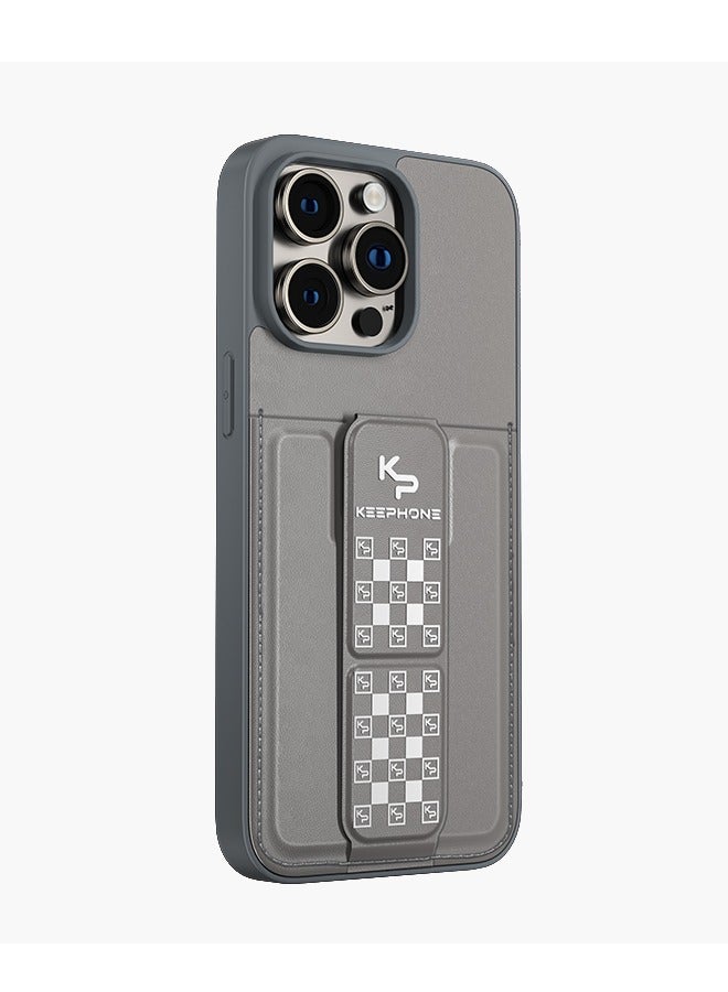 حافظة جلدية مع حامل وحامل بطاقات لهاتف iPhone 15 Pro باللون الرمادي