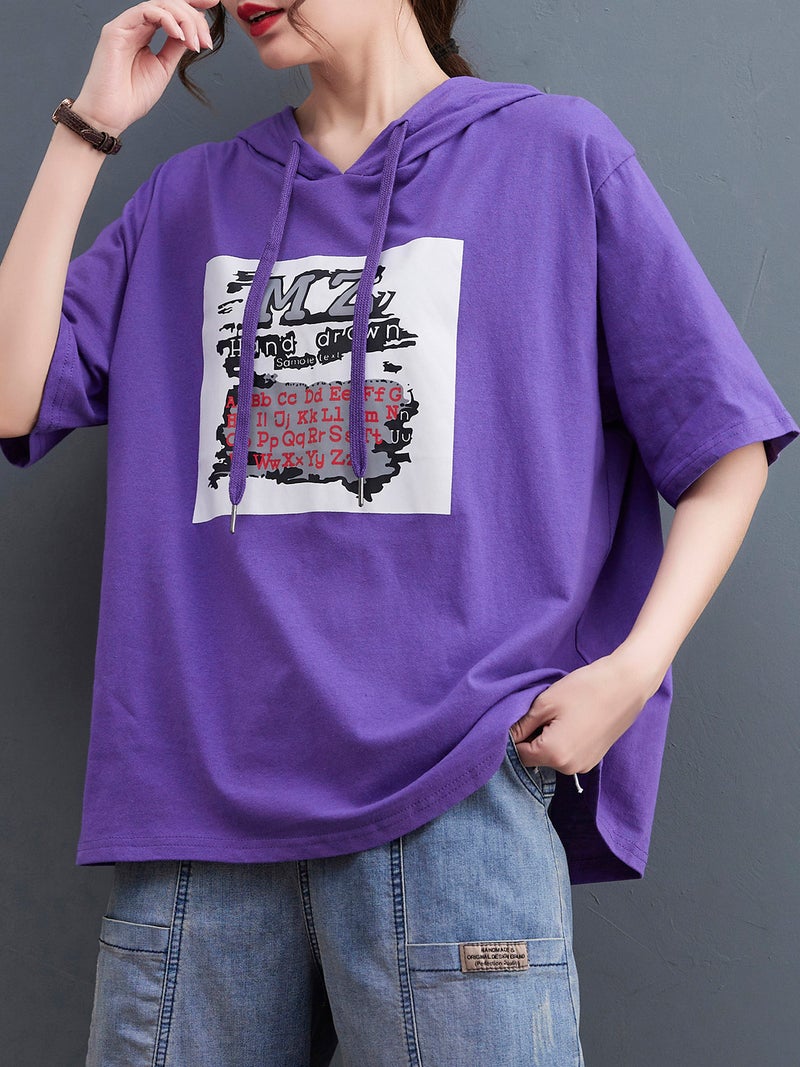 Women Loose T-shirt Hooded Half Sleeves Printed Plus Size T-shirts - Image 5