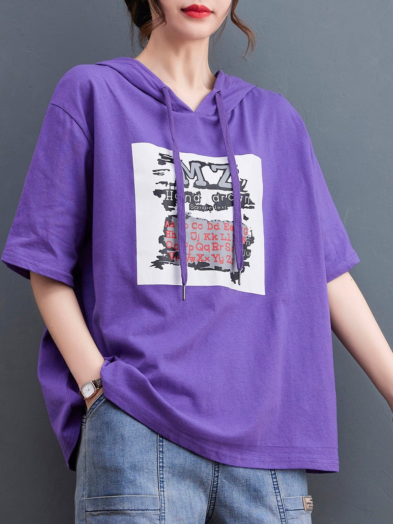 Women Loose T-shirt Hooded Half Sleeves Printed Plus Size T-shirts - Image 4
