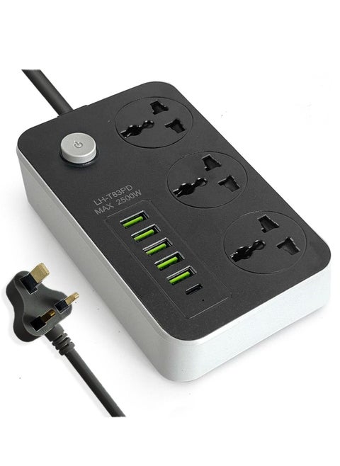 سلك تمديد مع منافذ USB، 3 منافذ، 6 منافذ USB، شريط طاقة للحماية من زيادة التيار، مقبس طاقة في المملكة المتحدة مع سلك تمديد جريء بطول 2 متر مع فتيل ومصراع، شرائط طاقة، مقبس عالمي