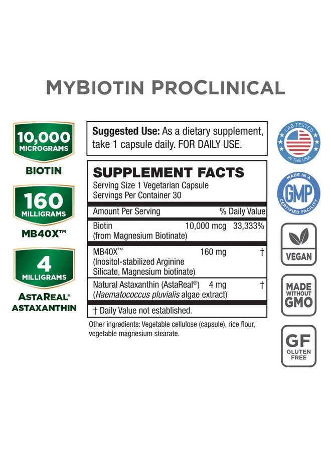Purity Products Mybiotin Proclinical Thicker Hair In 3 Weeks & Fights Wrinkles Mb40X Patented Biotin Matrix W/Astaxanthin 40X More Soluble Vs Ordinary Biotin Hair Skin & Nails 30 Veg Caps - Image 3