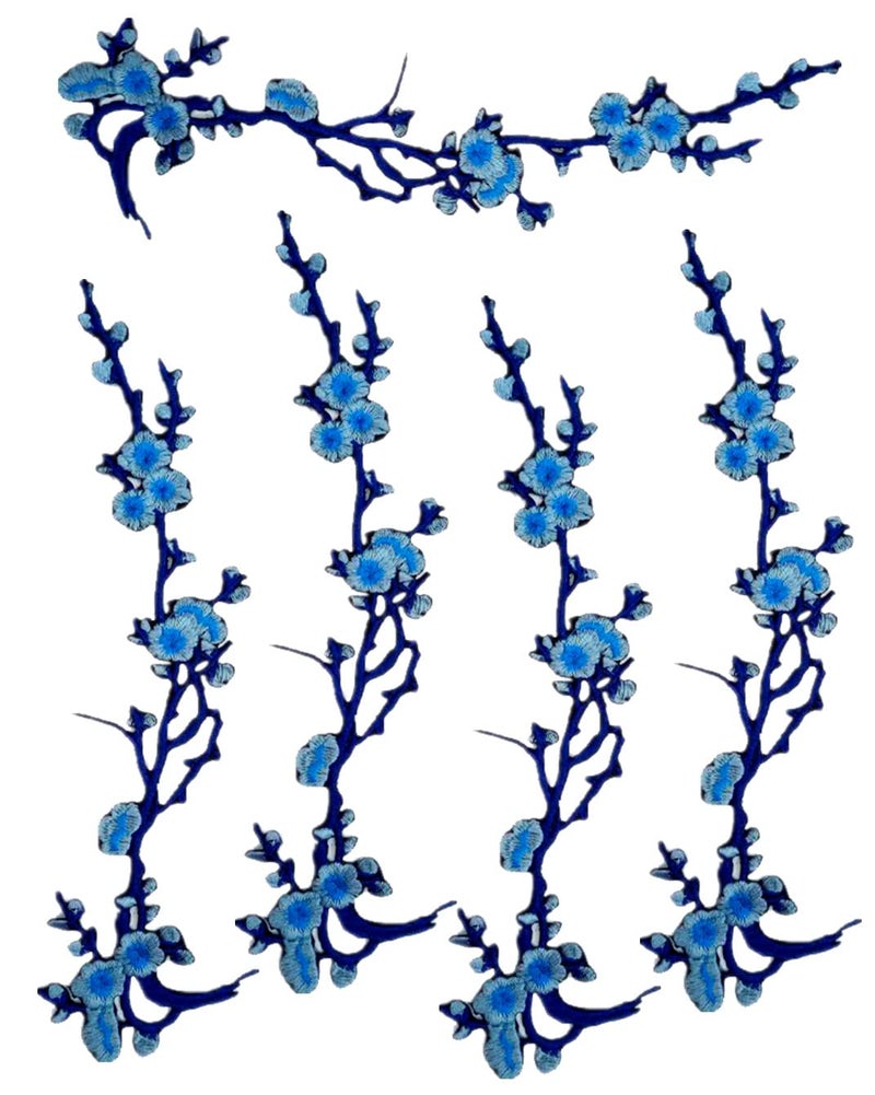 MSCFTFB 5 Pieces 14inch Long Plum Blossom Iron on Patches Floral Embroidered Patch Appliques Trimming for Neckline Shoes Jeans Clothes Repairing Embellishment Decor (Blue) - Image 1
