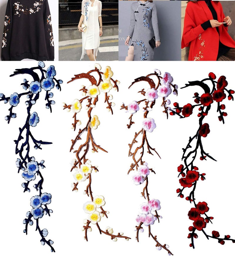 MSCFTFB 5 Pieces 14inch Long Plum Blossom Iron on Patches Floral Embroidered Patch Appliques Trimming for Neckline Shoes Jeans Clothes Repairing Embellishment Decor (Blue) - Image 5