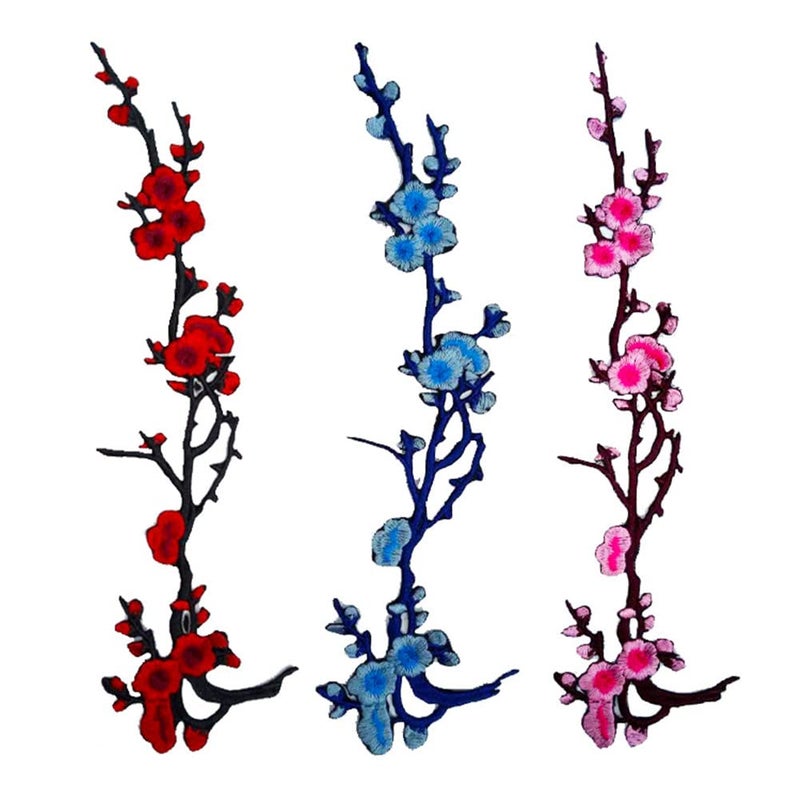 MSCFTFB 5 Pieces 14inch Long Plum Blossom Iron on Patches Floral Embroidered Patch Appliques Trimming for Neckline Shoes Jeans Clothes Repairing Embellishment Decor (Blue) - Image 4
