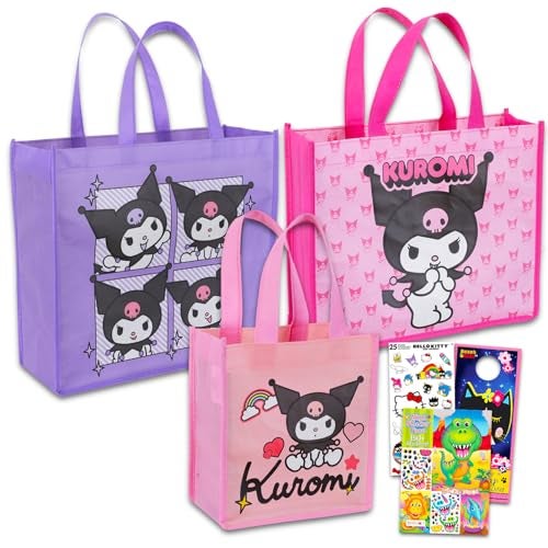 Sanrio Kuromi Tote Bag Set for Girls - Kuromi Accessories Bundle with 3 Kuromi Reusable Bags Sanrio Grocery Bags with Stickers, More | Kuromi Tote Bag Set - Image 1