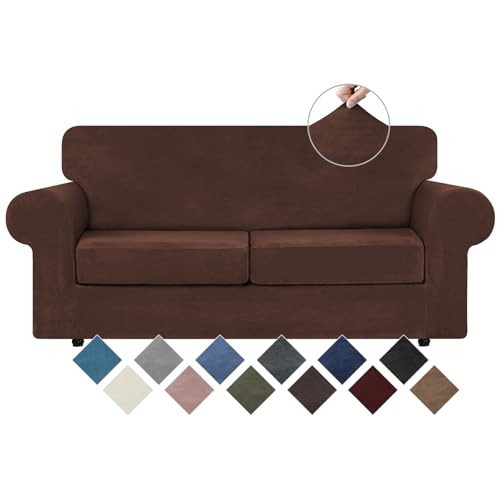 WEERRW Velvet Couch Covers for 2 Cushion Couch Sofa  High Stretch Luxury Velvet Plush 3 Pieces Sofa Slipcovers with Elastic Bottom Furniture Protector for Pets Machine Washable Chocolate Medium