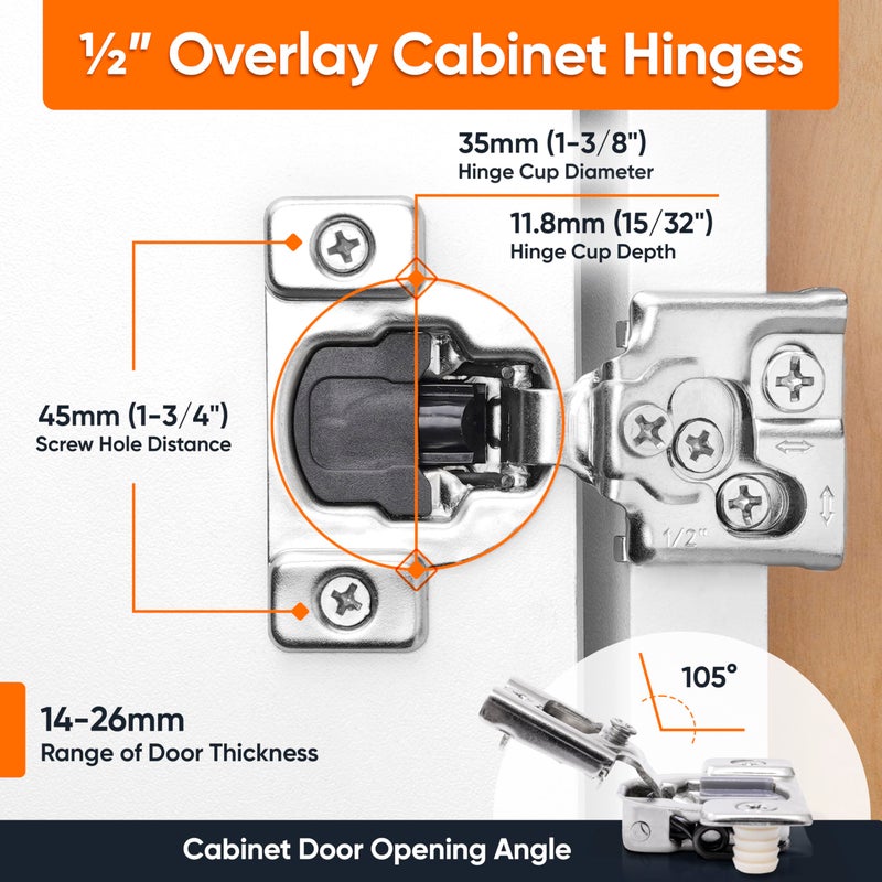 Decobasics 60 Pack Soft Close Cabinet Hinges - 1/2"" Overlay For Kitchen Cabinet Doors Slow Self-Closing Concealed Hidden Hinges For Face Frame -Stainless Steel 3-Way Adjustable & Quiet Close Damper - Image 2