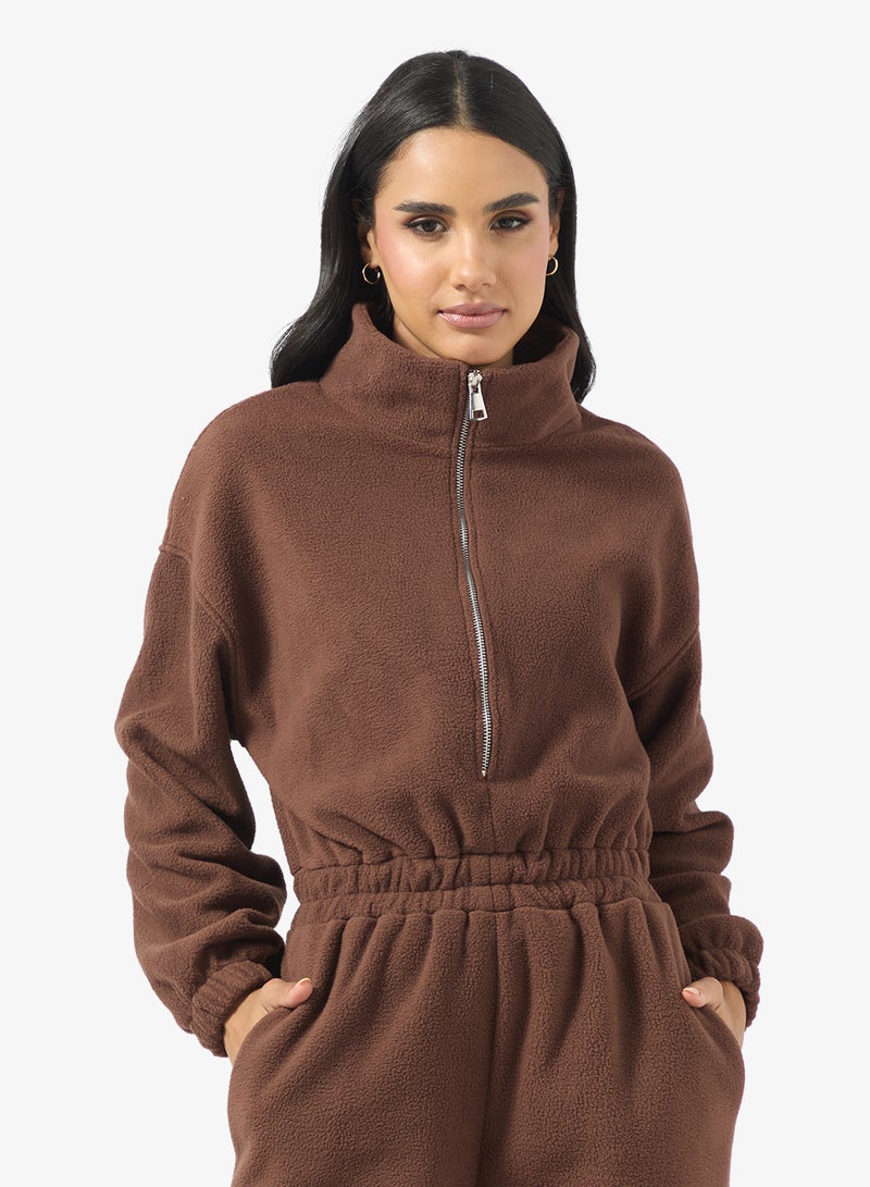 جينجر بدلة نوم بغطاء رأس وسحاب من الفليس - Image 3