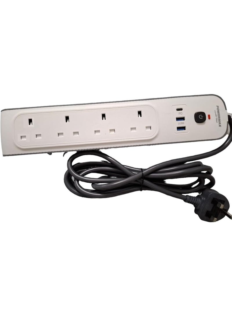 PowerMax 7 in 1 Extension Cord Surge Protector (1 USB-C, 2 USB-A) Charger Type C Charging Station Power Extension Strip 4 AC Outlet Sockets Universal Plugs with 3M Lead for Home Office Travel - Image 1