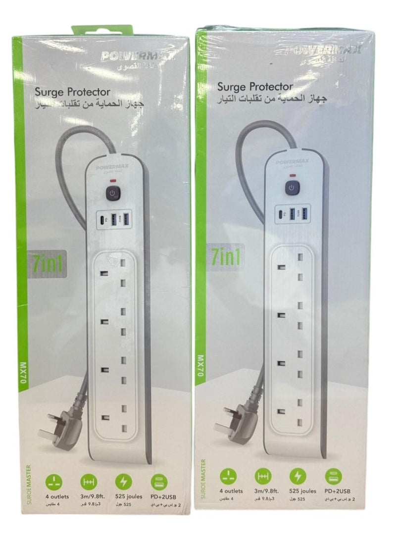 PowerMax 7 in 1 Extension Cord Surge Protector (1 USB-C, 2 USB-A) Charger Type C Charging Station Power Extension Strip 4 AC Outlet Sockets Universal Plugs with 3M Lead for Home Office Travel - Image 3
