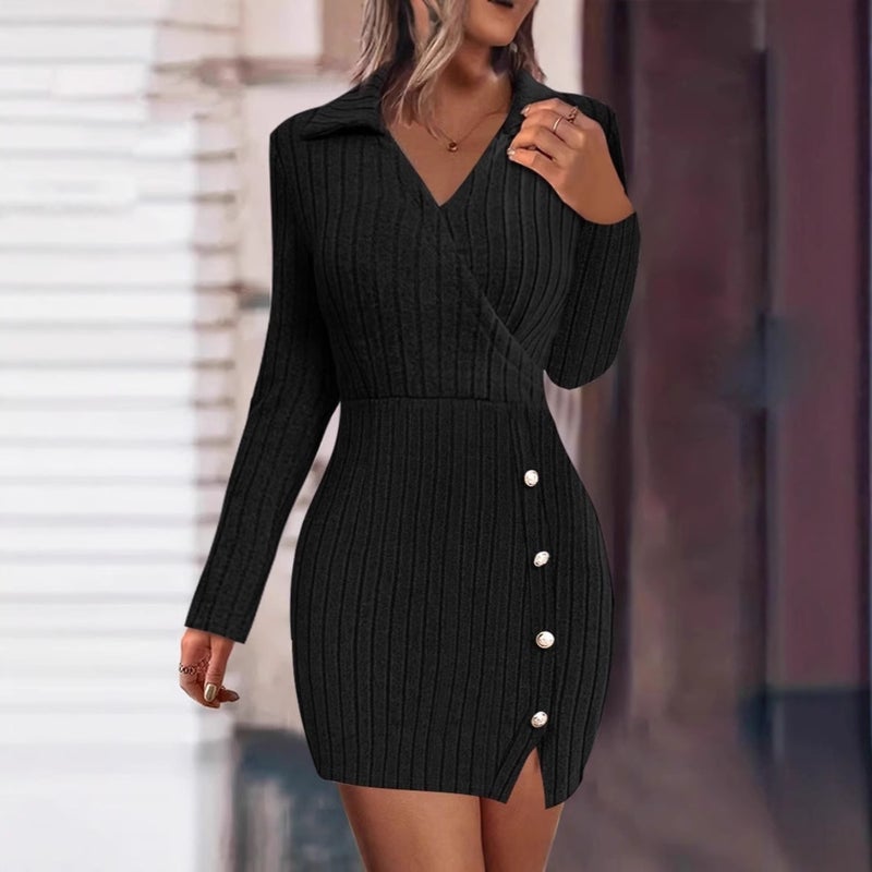 V Neck Long Sleeve Bodycon Dress - Image 1