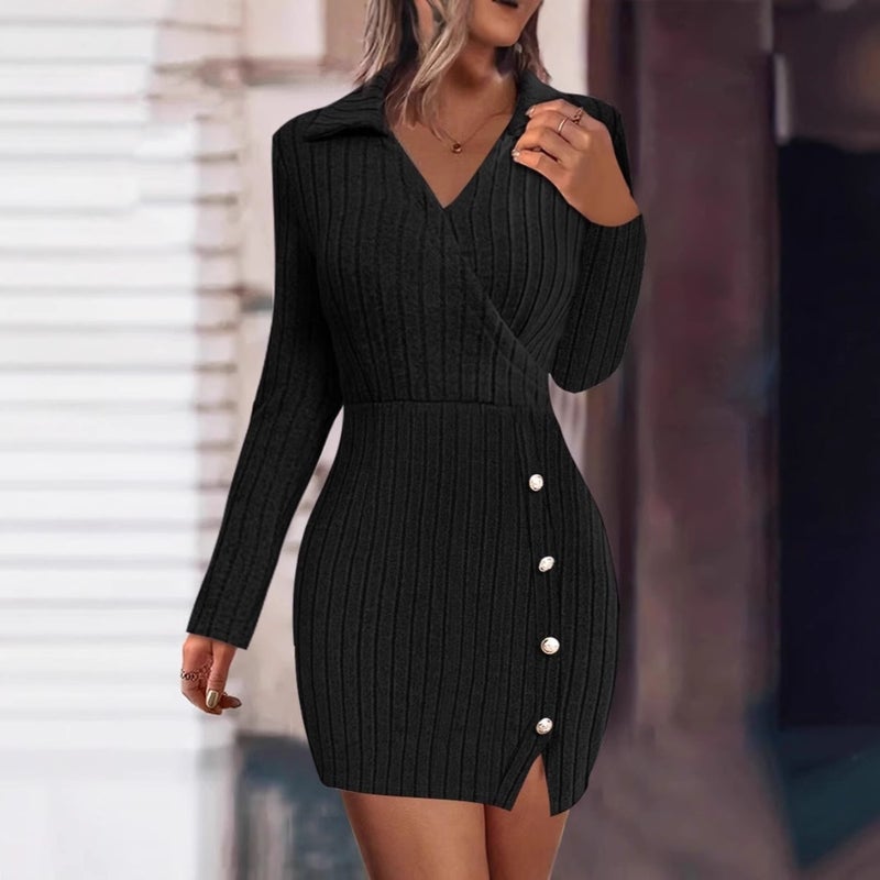 V Neck Long Sleeve Bodycon Dress - Image 2