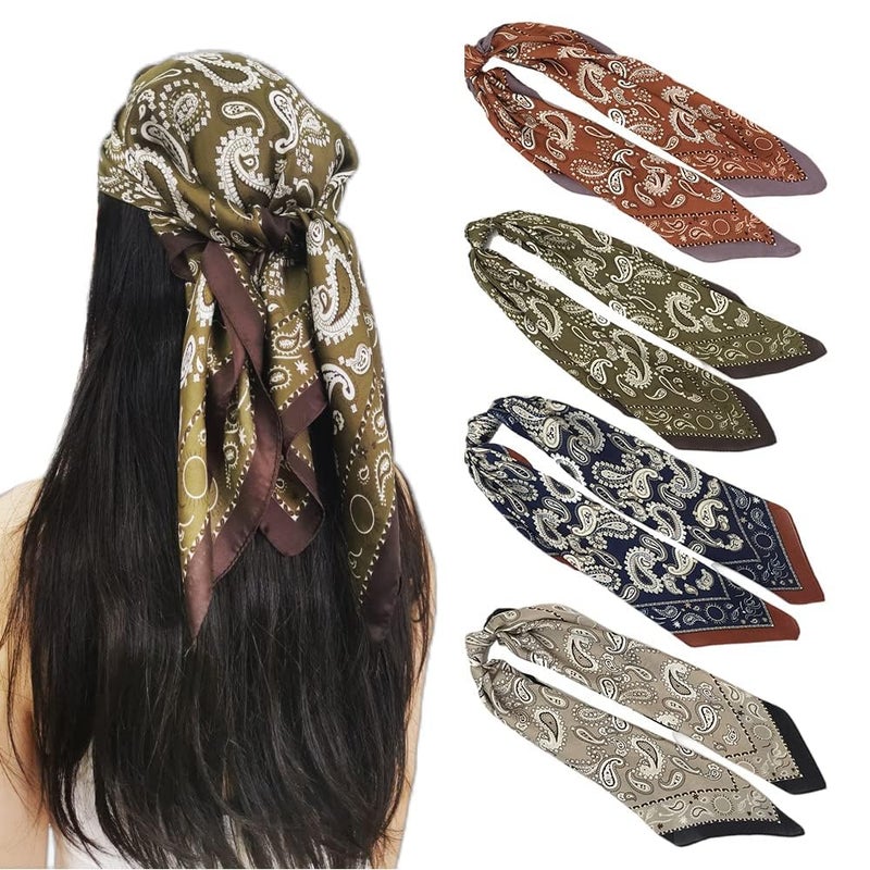 FONYVE Silk Head Scarf for Women Men - 4PCS Satin Square Hair Scarves - Vintage Bandanas Wraps Headbands 27.5 Inches - Image 1
