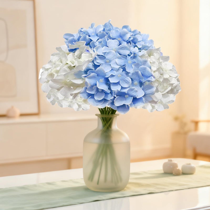 Cherica 20 Pcs Blue and White Hydrangea Artificial Flowers Bulk, Faux Hydrangea Flowers Heads, Artificial Fake Silk Hydrangea Flowers with Stems, White Flowers Artificial for Decoration Wedding DÃ©cor - Image 3