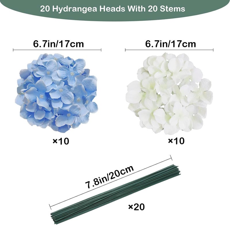 Cherica 20 Pcs Blue and White Hydrangea Artificial Flowers Bulk, Faux Hydrangea Flowers Heads, Artificial Fake Silk Hydrangea Flowers with Stems, White Flowers Artificial for Decoration Wedding DÃ©cor - Image 2