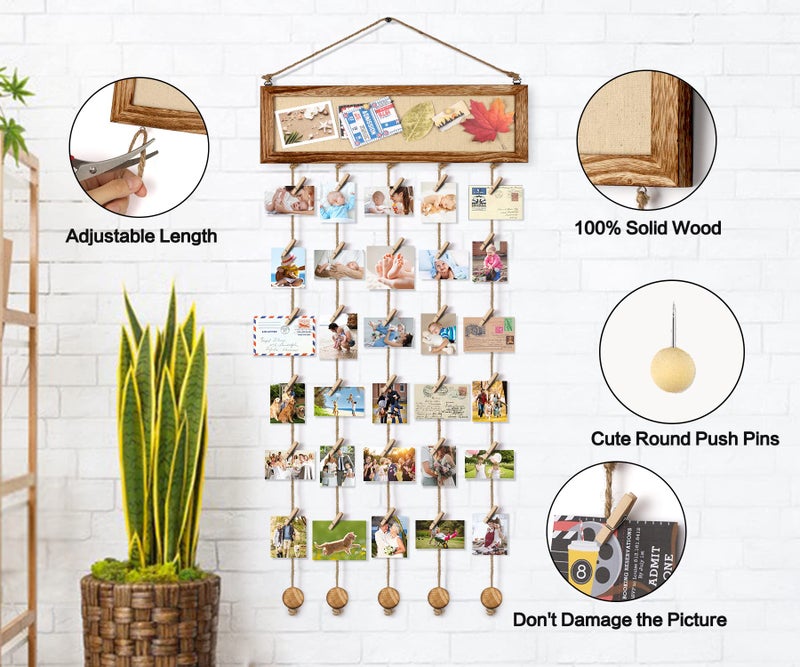 Bikoney Picture Frames Collage Wall Decor Hanging Photo Display Multi Pictures Organizer with Wood Bulletin Board Photo Board 30 Clips and 6 Pushpins for Room (Carbonized Black) - Image 2