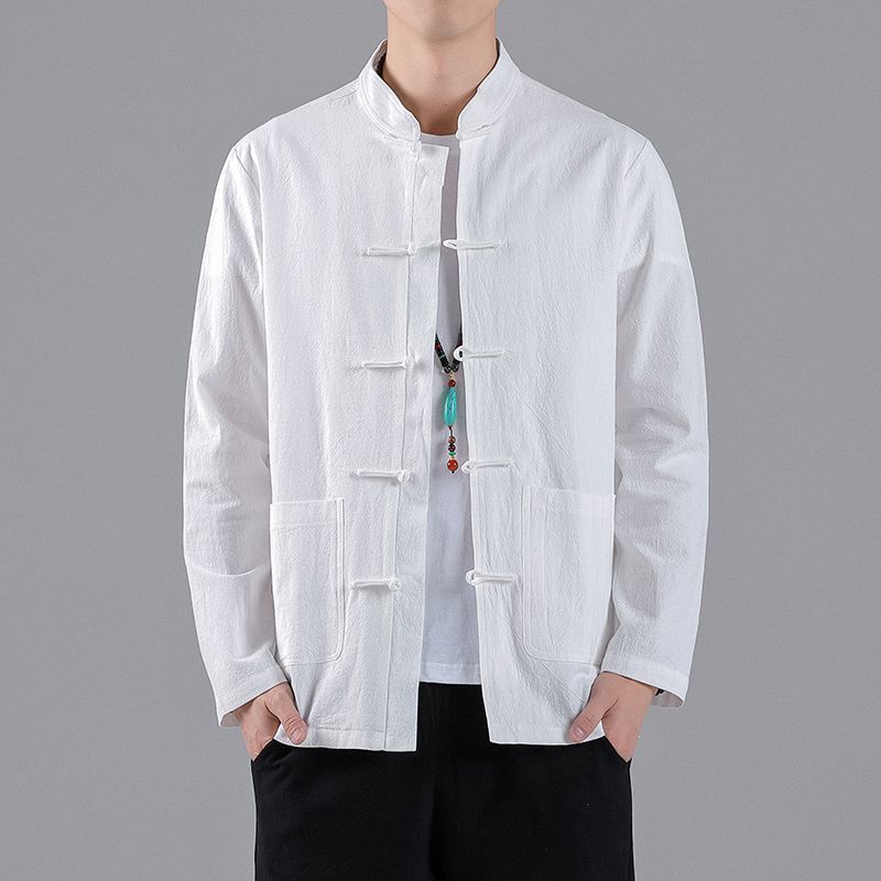 Chinese Style Linen Shirt Mens Retro Jacket white long sleeve 