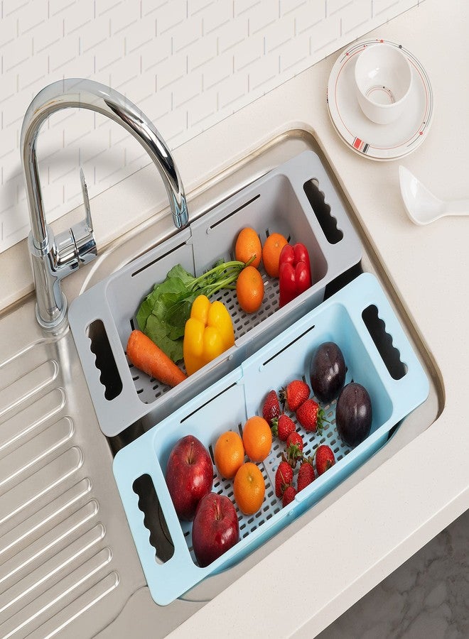 RILION Plastic Expandable Kitchen Dish Drainer and Drying Rack Sink Basket for Washing Bowls Utensils Vegetables Fruits Storage Organiser Retractable Up to 48 cm, (Set of 2)