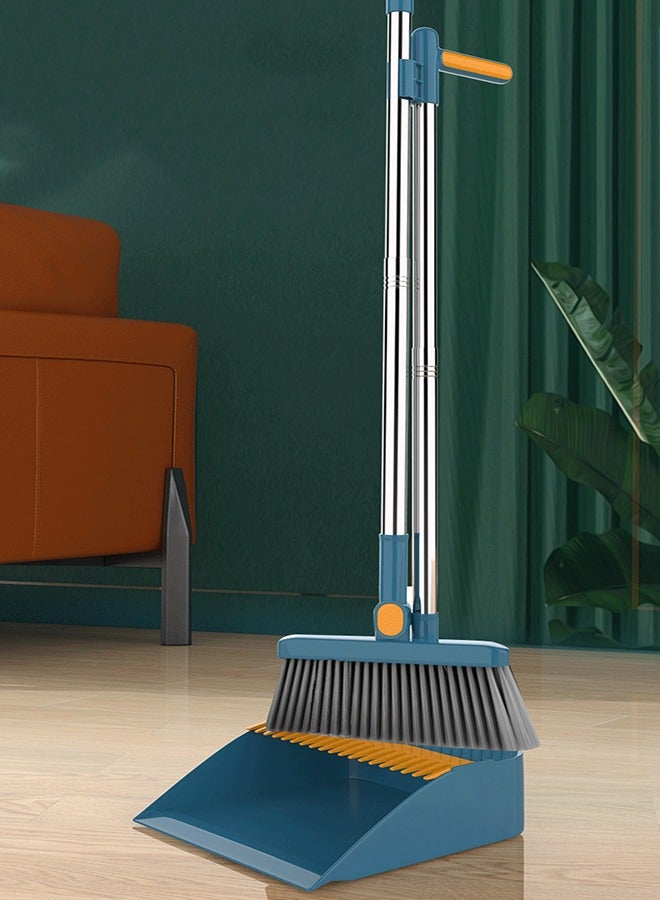 عربست طقم مكنسة ومجرفة منزلية، طقم مكنسة ومكنسة بمقبض طويل، مكنسة ومجروفة منزلية ناعمة، مكنسة ومجروفة بلاستيكية من الفولاذ المقاوم للصدأ ذات أسنان طويلة، طقم مكنسة ومجروفة قائمة للمنزل (أخضر) - Image 1