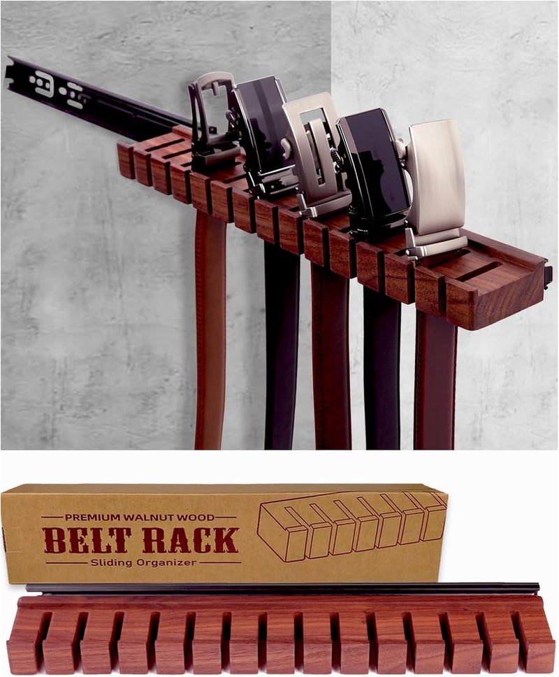 cenleoha Black Walnut Wood Belt Rack with Slide, Belt Hanger for closet, Belt and Tie Storage Organizer, Space Saving Wooden Belt Holder, Gift Idea for Husband and Father’s Day - Image 1