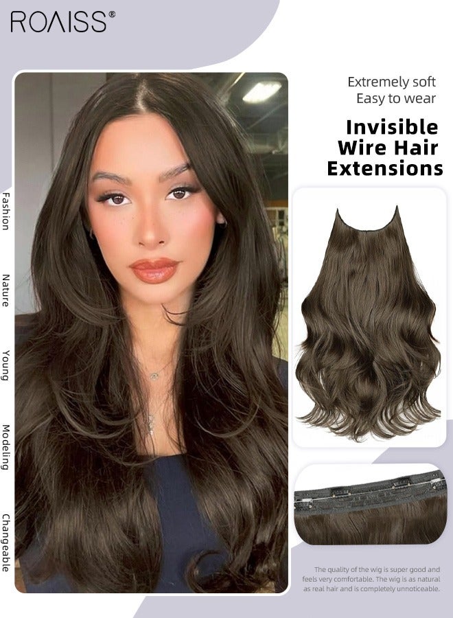 رويس وصلات شعر بنية غير مرئية بسلك معدني، وصلات شعر طويلة مجعدة قطعة واحدة مع 4 مشابك شعر، قطع شعر مستعار مموج طبيعي غير مرئية بخيط شبكي، شعر مستعار صناعي مقاوم للحرارة للنساء والفتيات - Image 1