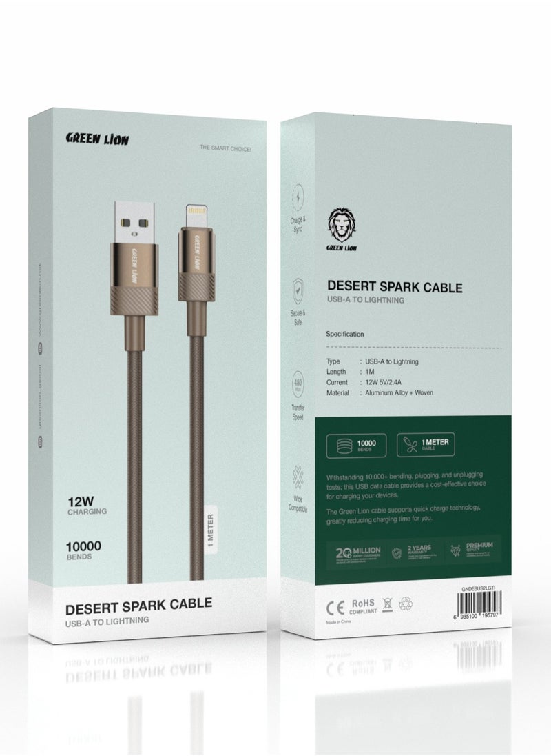 GREEN LION - Desert Spark Cable USB-A to Lightning 1M 12W / Charge & Sync / Secure & Safe / Wide Compatible / 480Mbps Data Transfer / Quick Charge - Desert Titanium - Image 1
