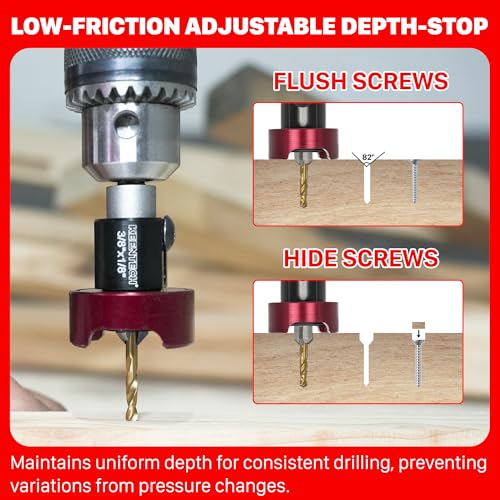 KEENTECH Carbide Tipped 82° Countersink Drill Bit with Depth Stop, 3/8" Dia x 1/8" Drill Diameter x 1/4" Shank, Adjustable Depth Stop with Ball Bearing for High Fine Finish on Softwood and Hardwood - Image 4