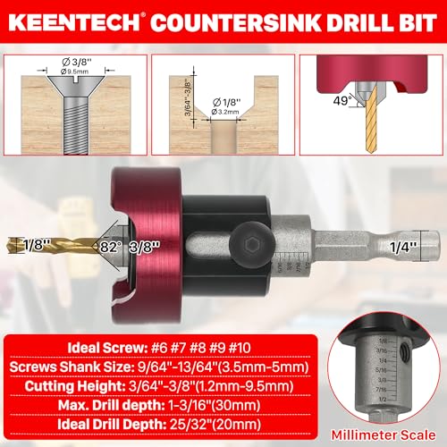 KEENTECH Carbide Tipped 82° Countersink Drill Bit with Depth Stop, 3/8" Dia x 1/8" Drill Diameter x 1/4" Shank, Adjustable Depth Stop with Ball Bearing for High Fine Finish on Softwood and Hardwood - Image 5