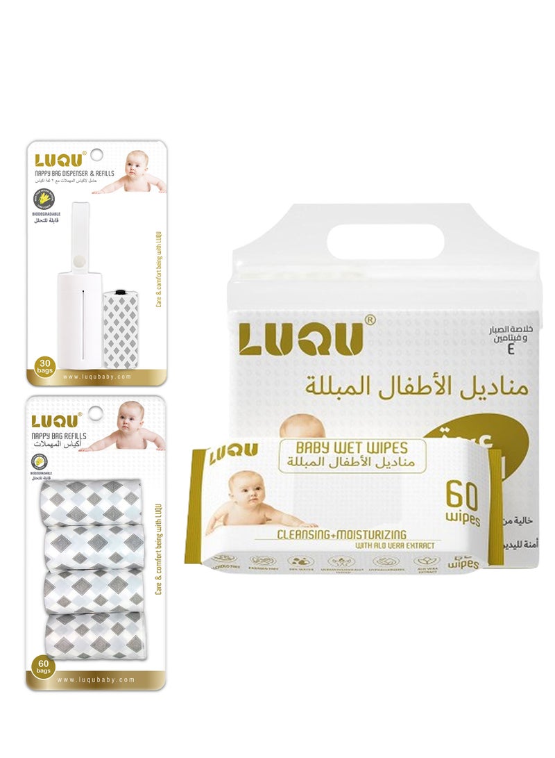 LuQu Bag Dispenser Refills (6X60) and Dispenser, Aloe Vera & Vitamin E, 4x60, Water Wet Wipes - Image 1