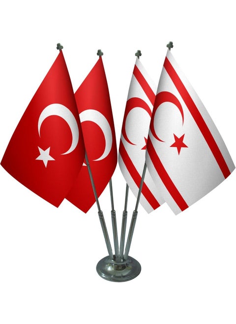 Table Top TRNC Northern Cyprus Flag Turkish Flag Set of Four Chrome Poles Table Flag
