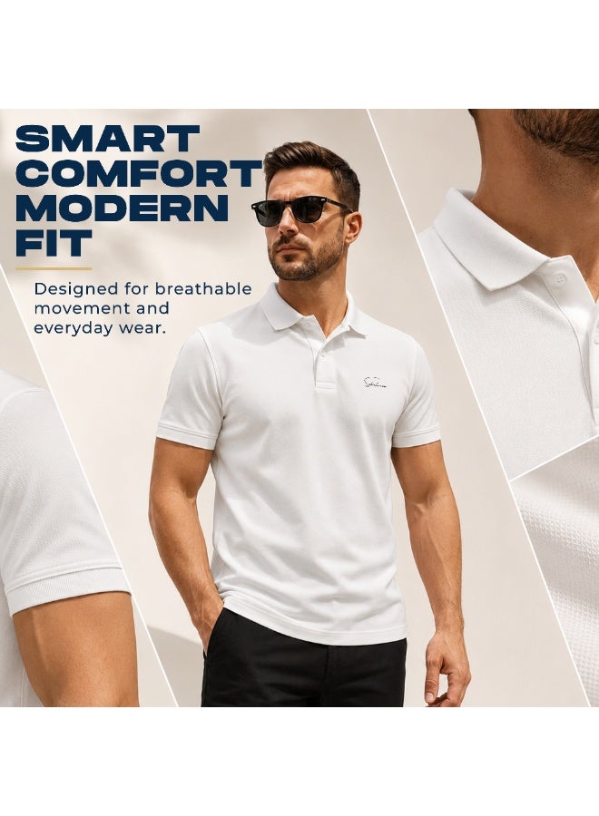 Selecta Now Men’s Stretchable Cotton Polo Shirt – Short Sleeves, Breathable, White – Perfect for Office & Casual Outings - Image 3