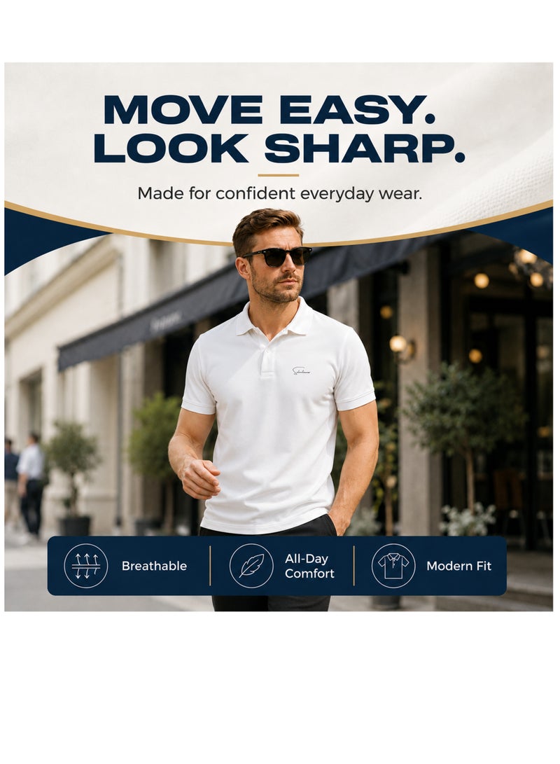 Selecta Now Men’s Stretchable Cotton Polo Shirt – Short Sleeves, Breathable, White – Perfect for Office & Casual Outings - Image 4
