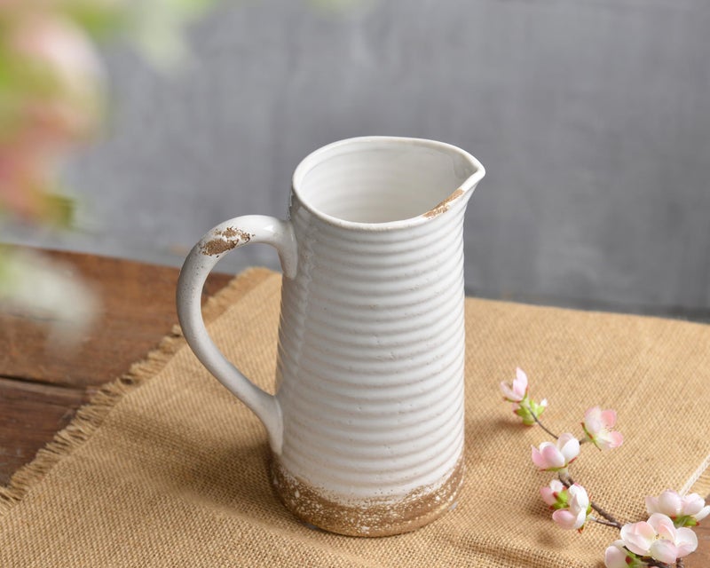 Quoowiit Ceramic Rustic Vase with Handle, White Distressed Decorative Farmhouse Pitcher Vase for Home Decor Living Room Bedroom Kitchen Office Shelf Decor Centerpiece Table Decoration - Image 5